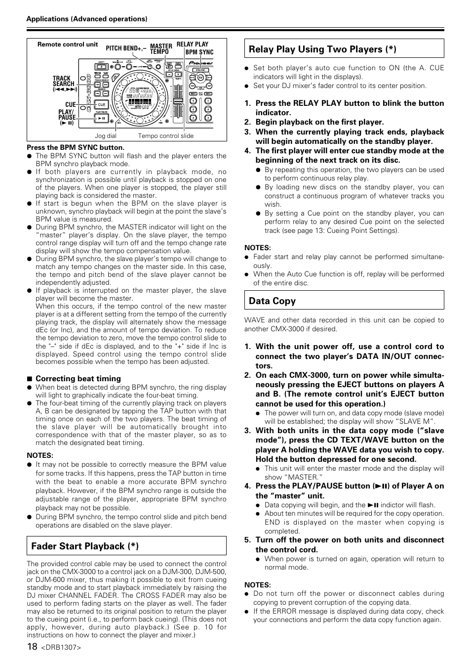 Fader start playback, Relay play using two players, Data copy | Fader start playback (*), Relay play using two players (*) | Pioneer CMX-3000 User Manual | Page 18 / 20