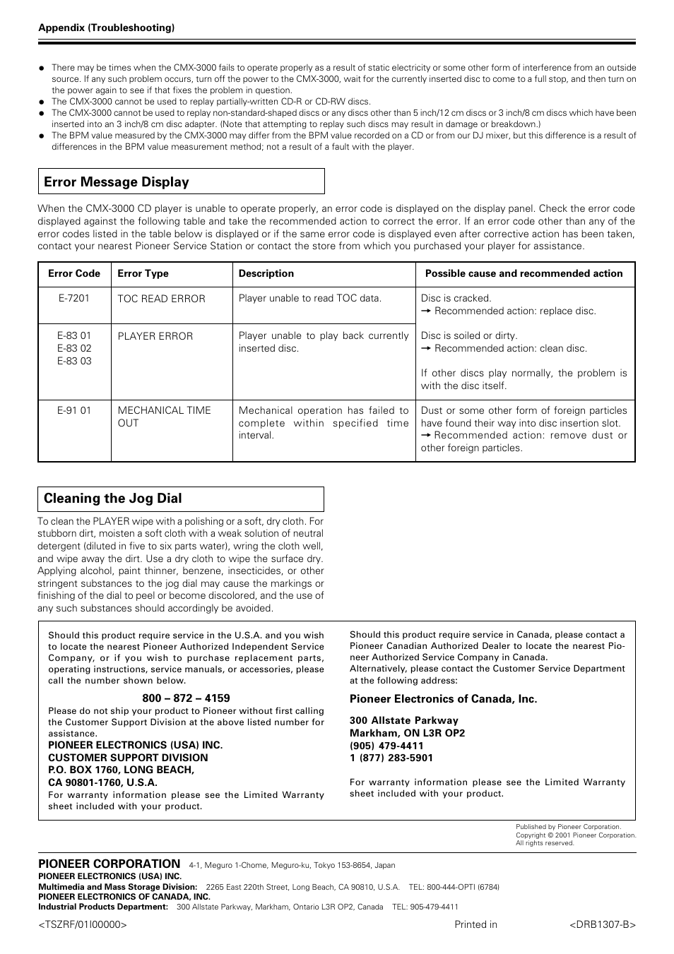 Error message display, Cleaning the jog dial | Pioneer CMX-3000 User Manual | Page 20 / 20