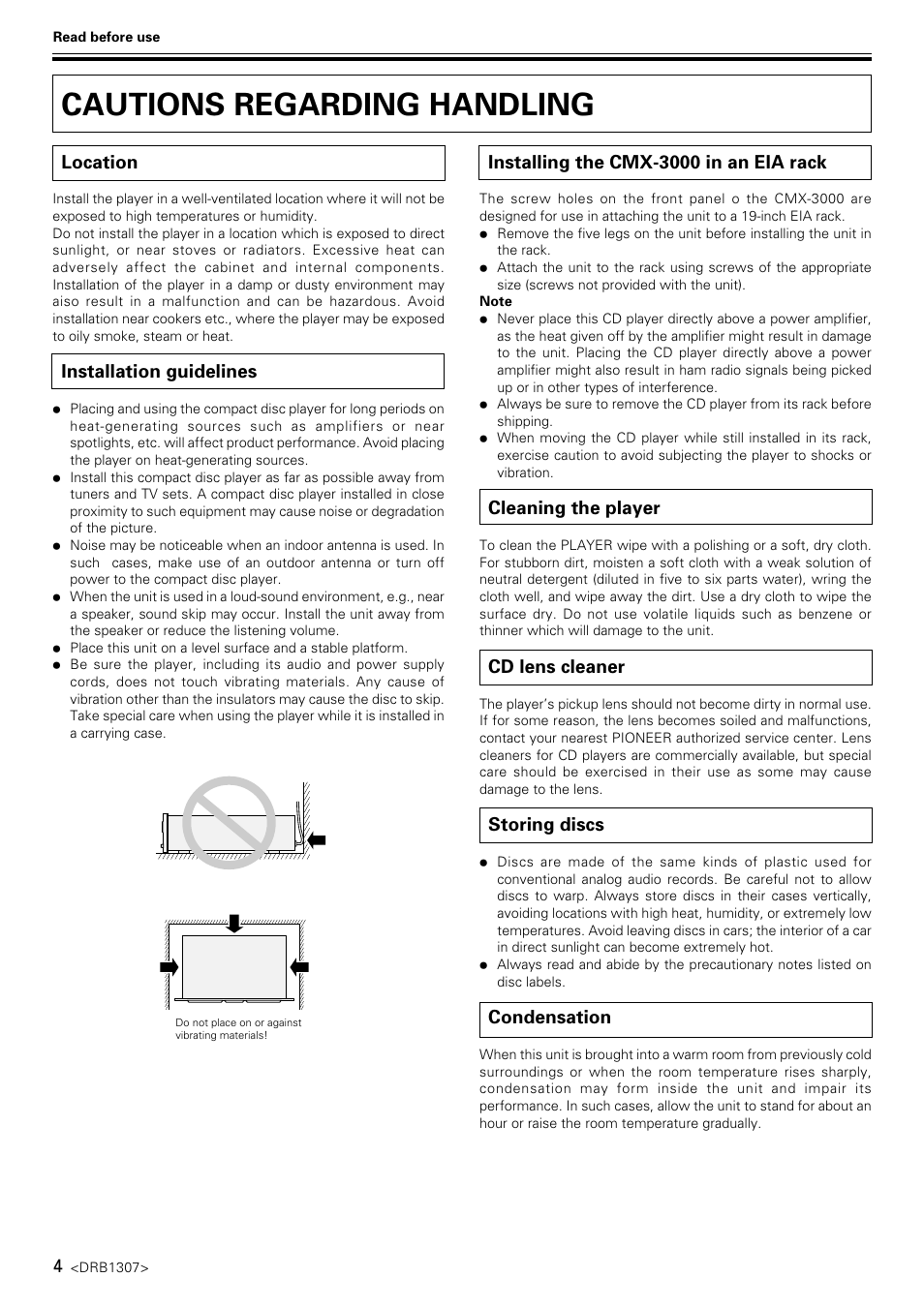 Cautions regarding handling, Location, Installation guidelines | Installing the cmx-3000 in an eia rack, Cleaning the player, Cd lens cleaner, Storing discs, Condensation | Pioneer CMX-3000 User Manual | Page 4 / 20