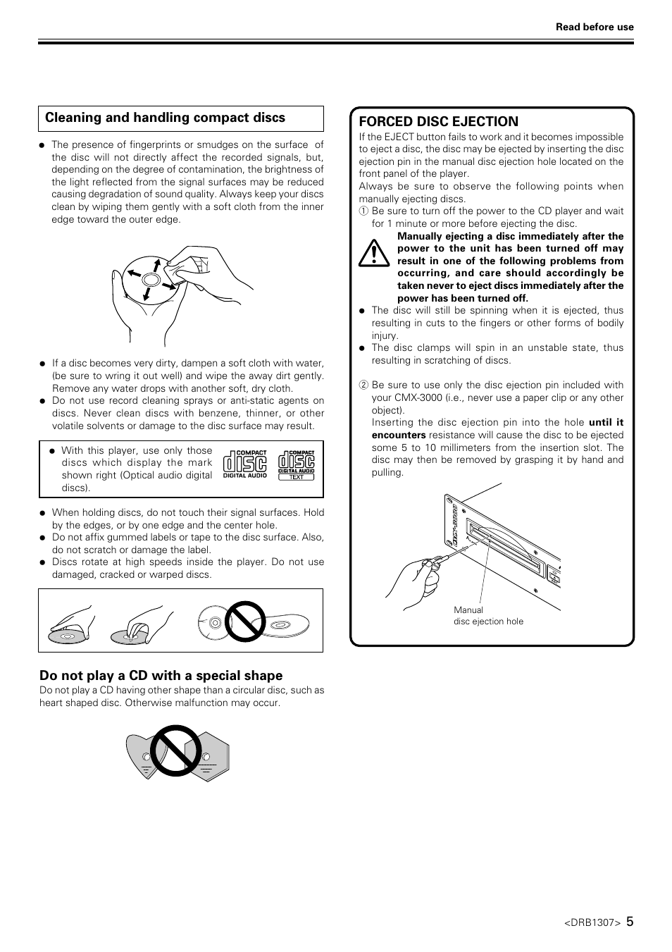 Do not play a cd with a special shape, Forced disc ejection, Cleaning and handling compact discs | Pioneer CMX-3000 User Manual | Page 5 / 20