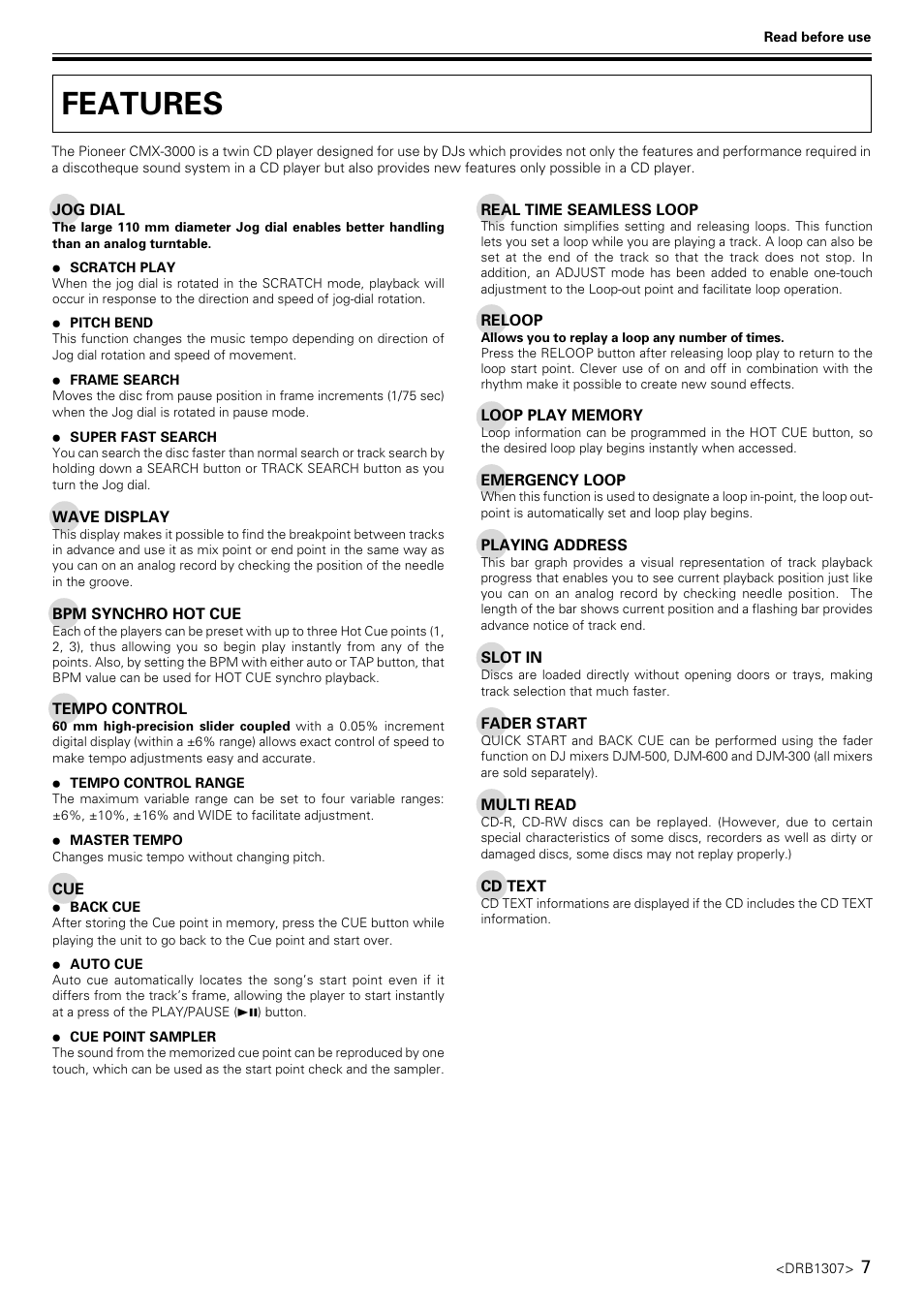 Features | Pioneer CMX-3000 User Manual | Page 7 / 20