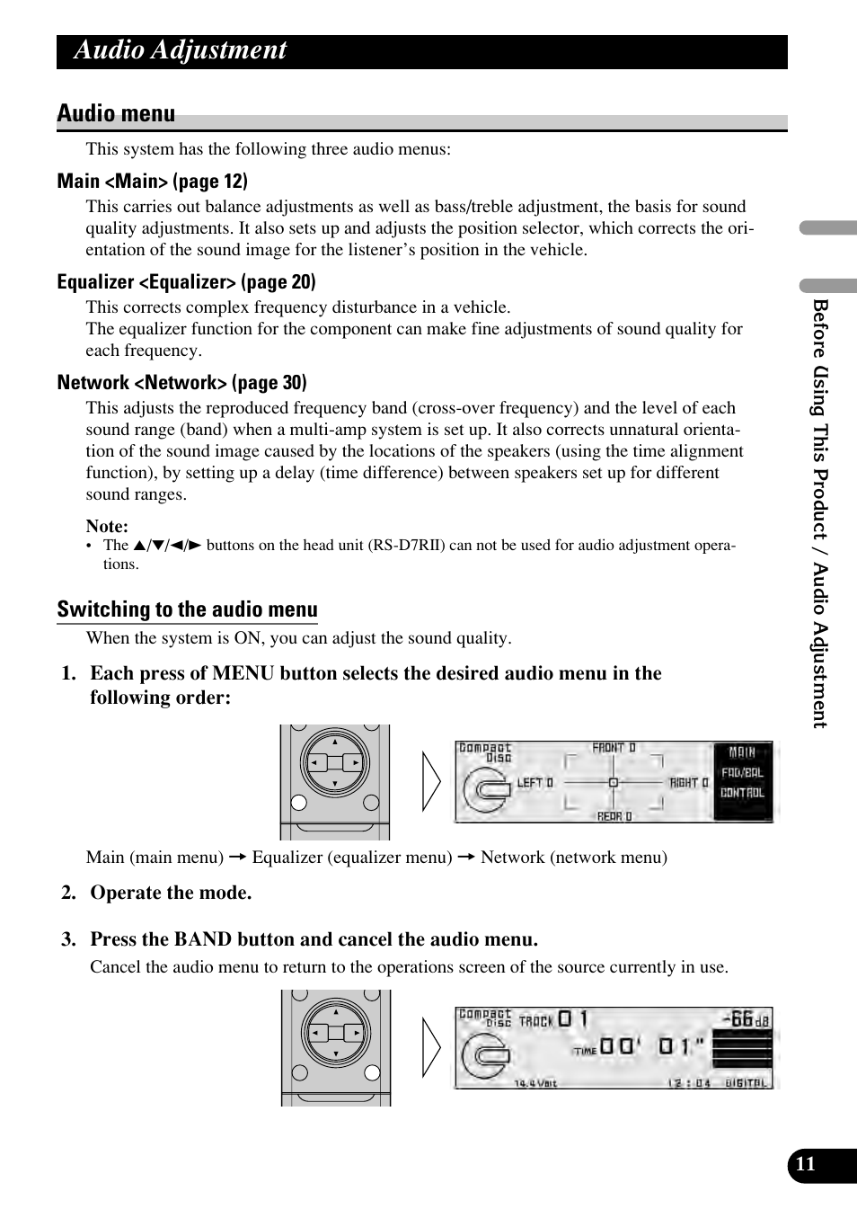 Audio adjustment, Audio menu, Switching to the audio menu | Pioneer RS-P90 User Manual | Page 11 / 63