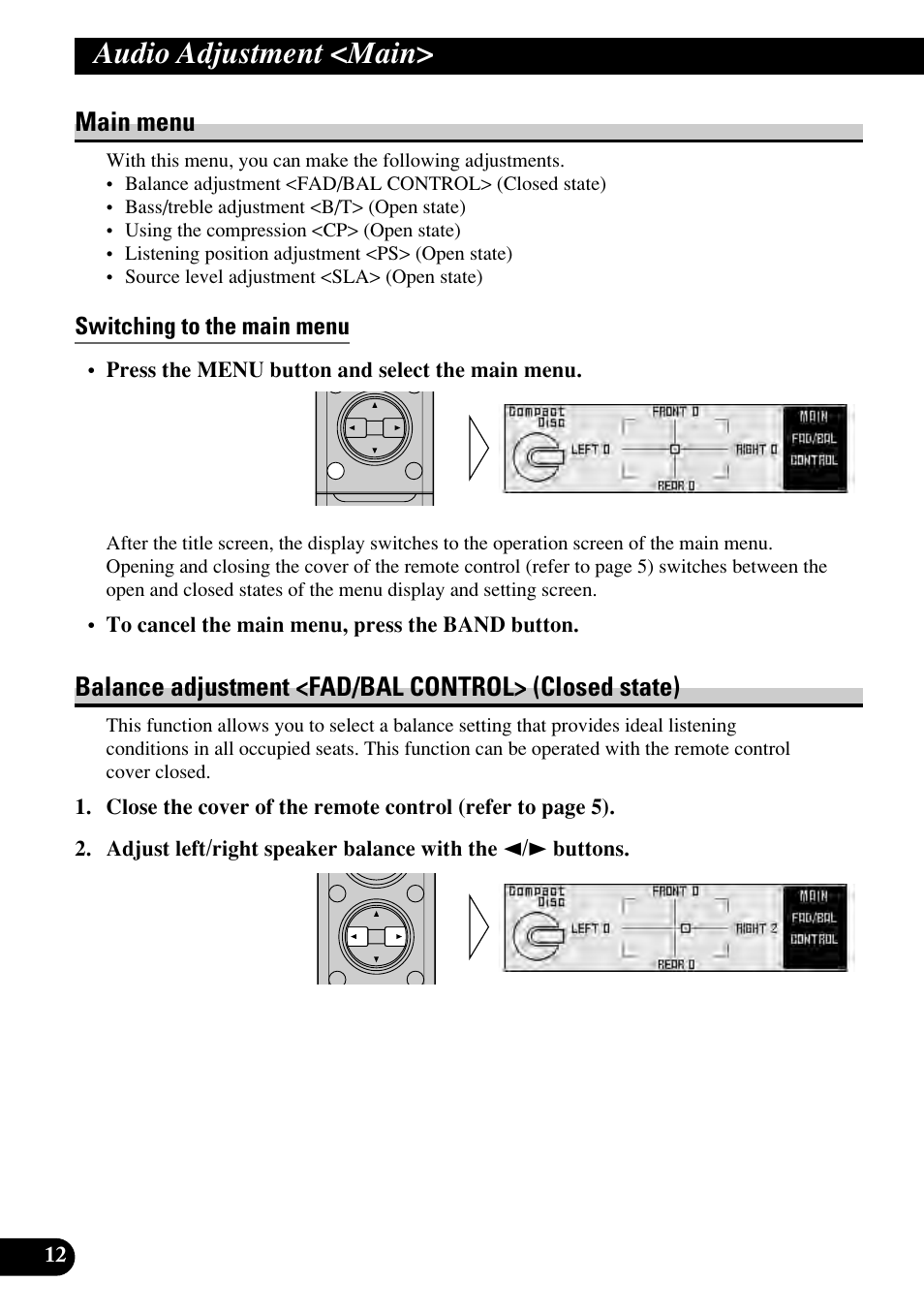 Audio adjustment <main, Main menu, Switching to the main menu | Balance adjustment | Pioneer RS-P90 User Manual | Page 12 / 63