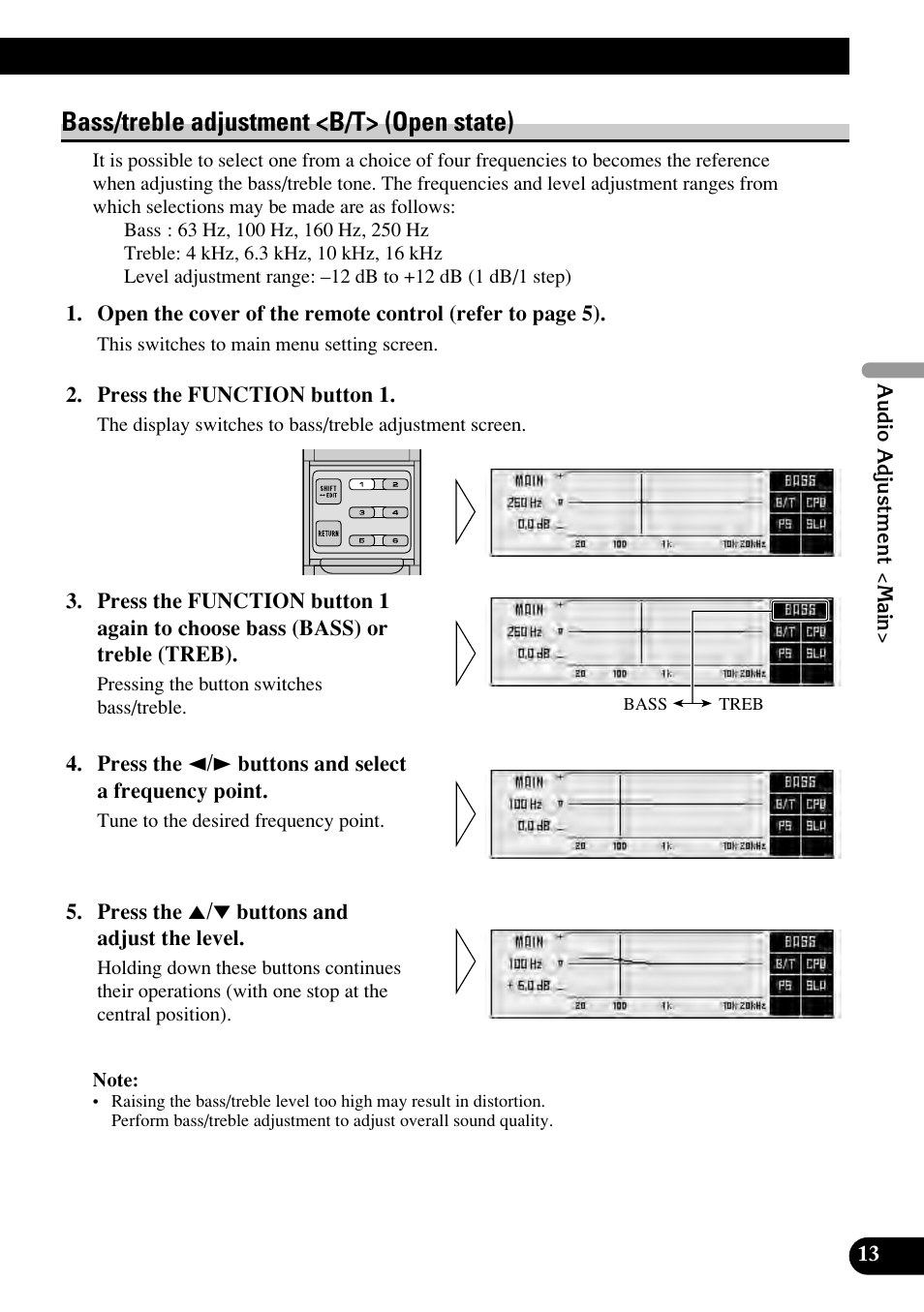 Bass/treble adjustment, Bass/treble adjustment <b/t> (open state) | Pioneer RS-P90 User Manual | Page 13 / 63