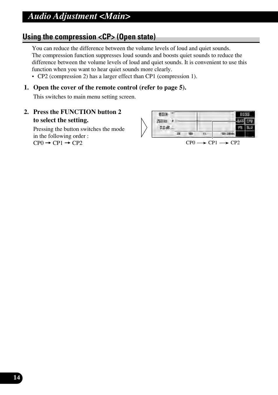 Using the compression, Audio adjustment <main, Using the compression <cp> (open state) | Pioneer RS-P90 User Manual | Page 14 / 63
