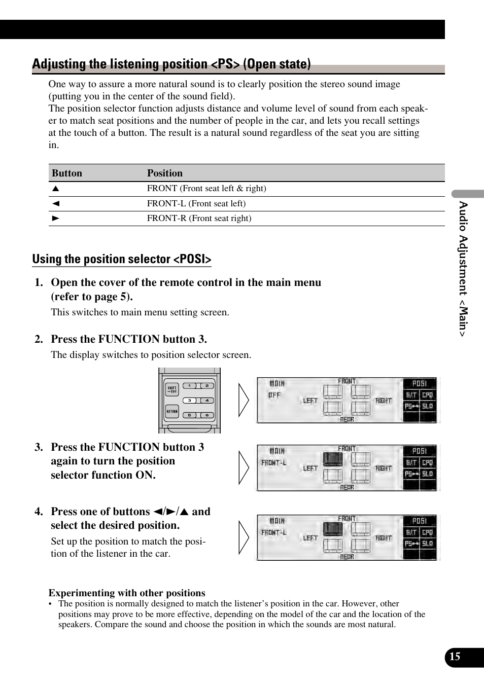 Adjusting the listening position, Using the position selector, Adjusting the listening position <ps> (open state) | Using the position selector <posi | Pioneer RS-P90 User Manual | Page 15 / 63