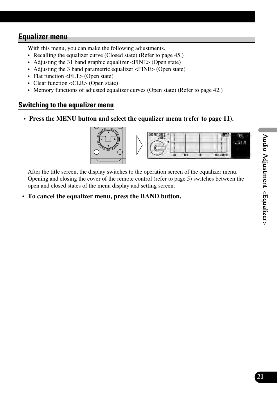 Equalizer menu, Switching to the equalizer menu | Pioneer RS-P90 User Manual | Page 21 / 63
