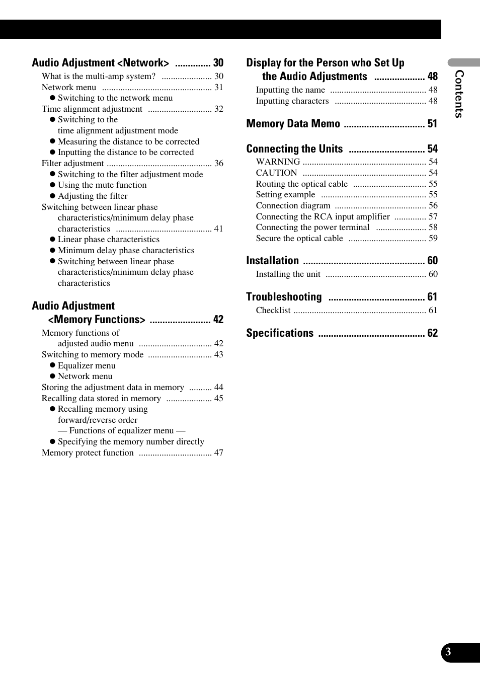 Contents audio adjustment <network, Installation, Troubleshooting | Specifications 3 | Pioneer RS-P90 User Manual | Page 3 / 63