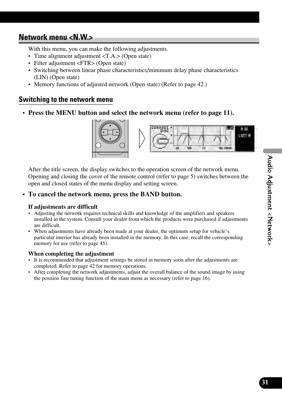 Network menu, Switching to the network menu, Network menu <n.w | Pioneer RS-P90 User Manual | Page 31 / 63