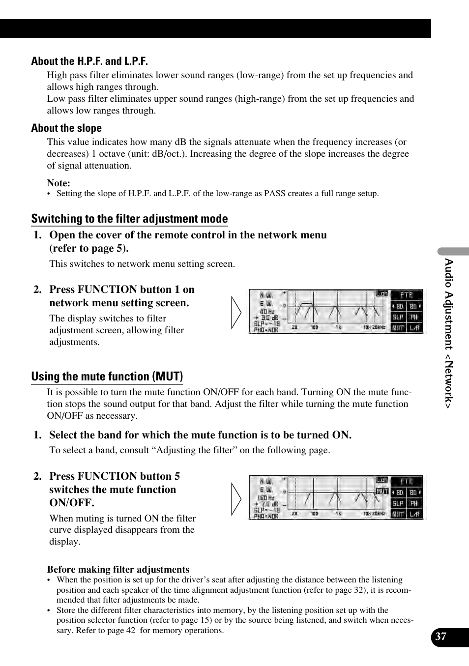 Switching to the filter adjustment mode, Using the mute function | Pioneer RS-P90 User Manual | Page 37 / 63