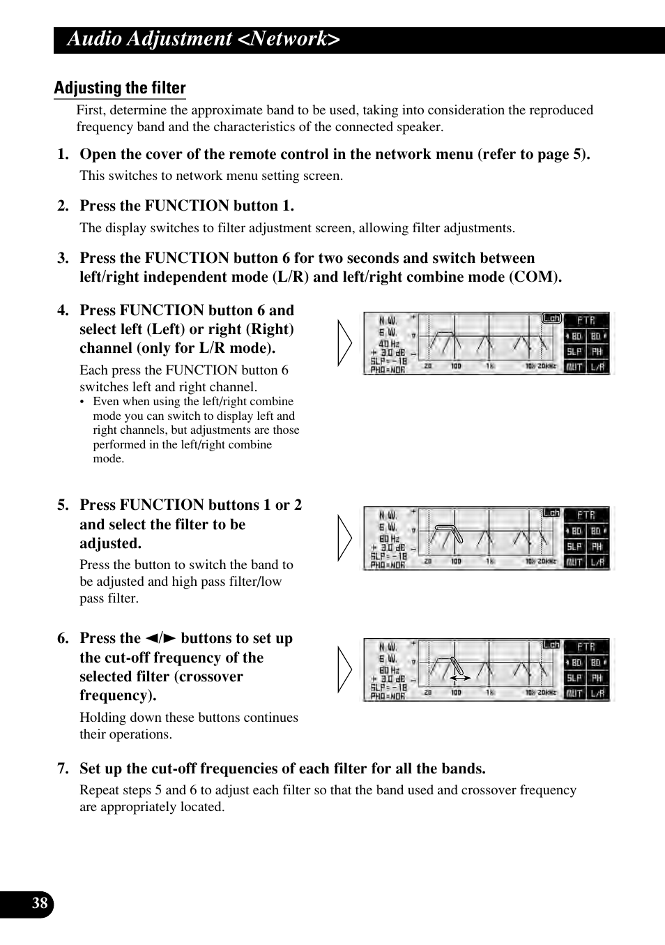 Adjusting the filter, Audio adjustment <network | Pioneer RS-P90 User Manual | Page 38 / 63