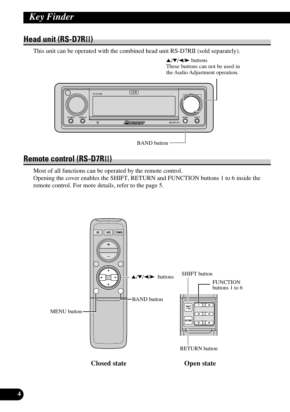 Key finder, Head unit (rs-d7r—) remote control (rs-d7r—), Head unit (rs-d7r — ) | Remote control (rs-d7r — ) | Pioneer RS-P90 User Manual | Page 4 / 63