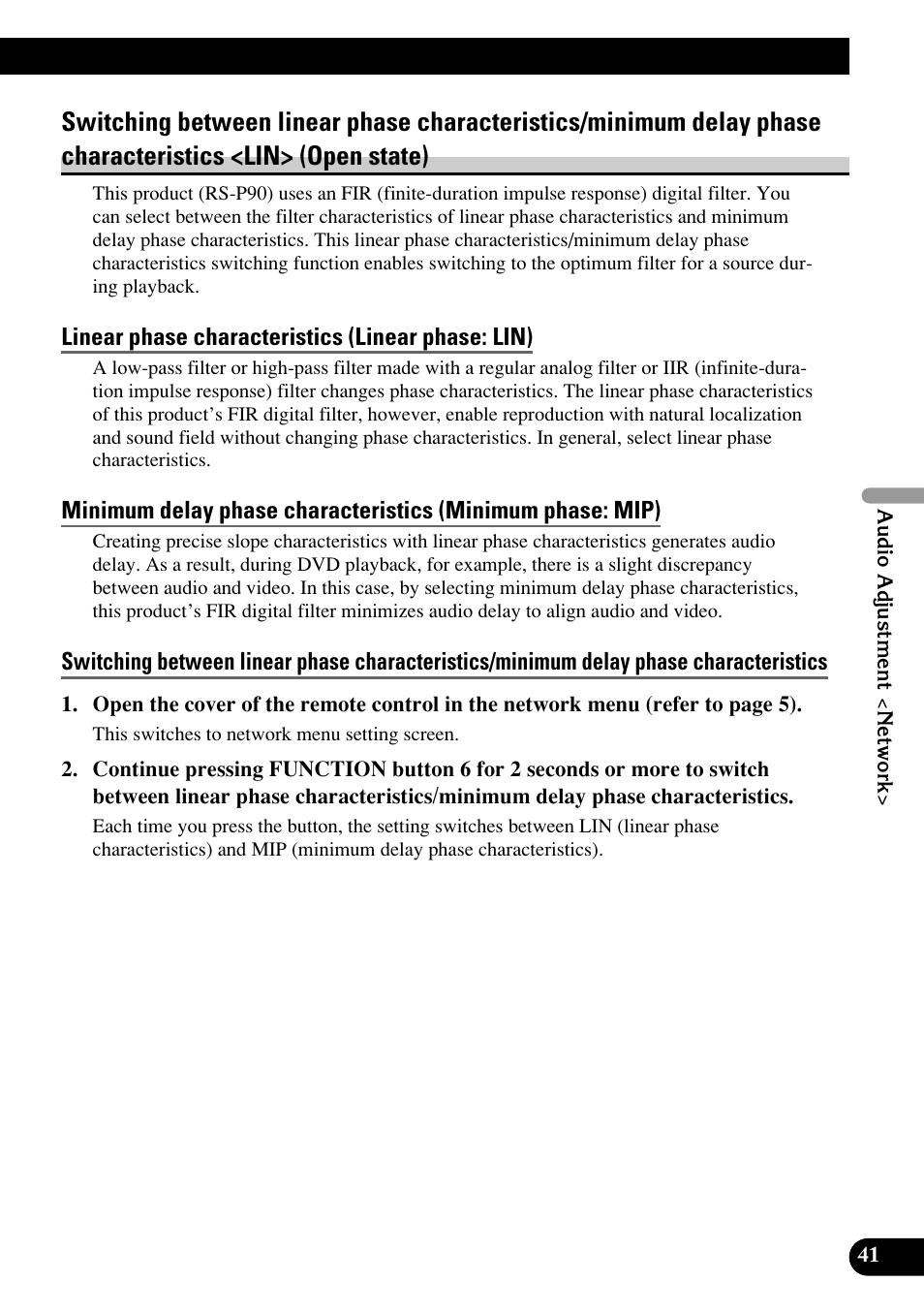 Switching between linear phase, Linear phase characteristics, Minimum delay phase characteristics | Pioneer RS-P90 User Manual | Page 41 / 63