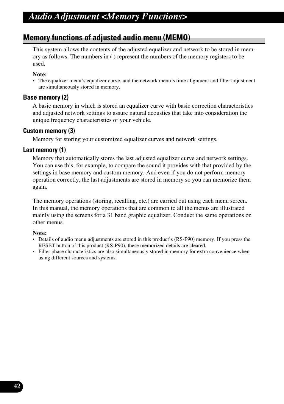 Audio adjustment, Memory functions, Memory functions of | Adjusted audio menu | Pioneer RS-P90 User Manual | Page 42 / 63