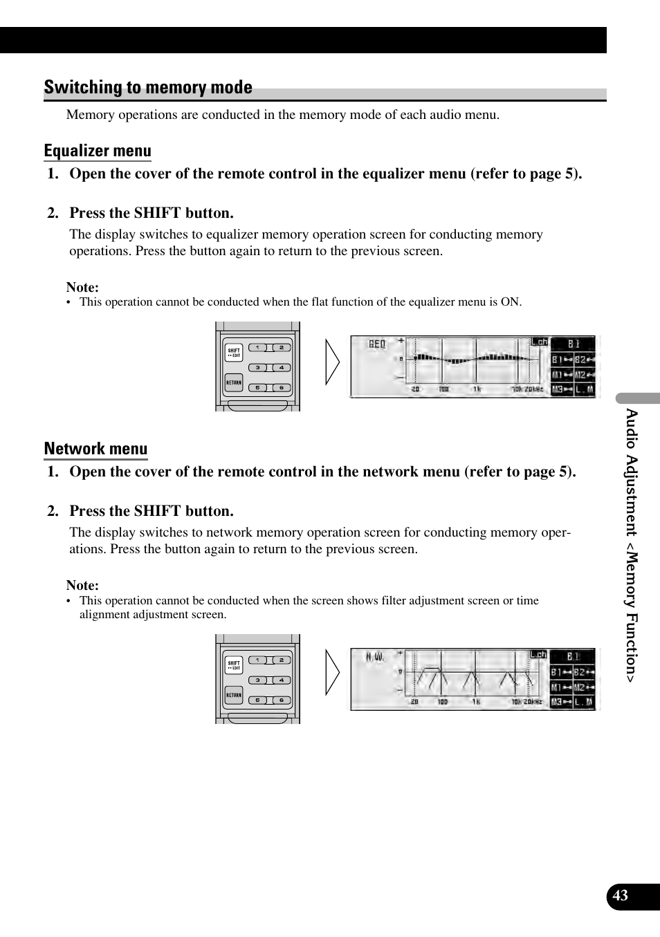 Switching to memory mode, Equalizer menu, Network menu | Pioneer RS-P90 User Manual | Page 43 / 63