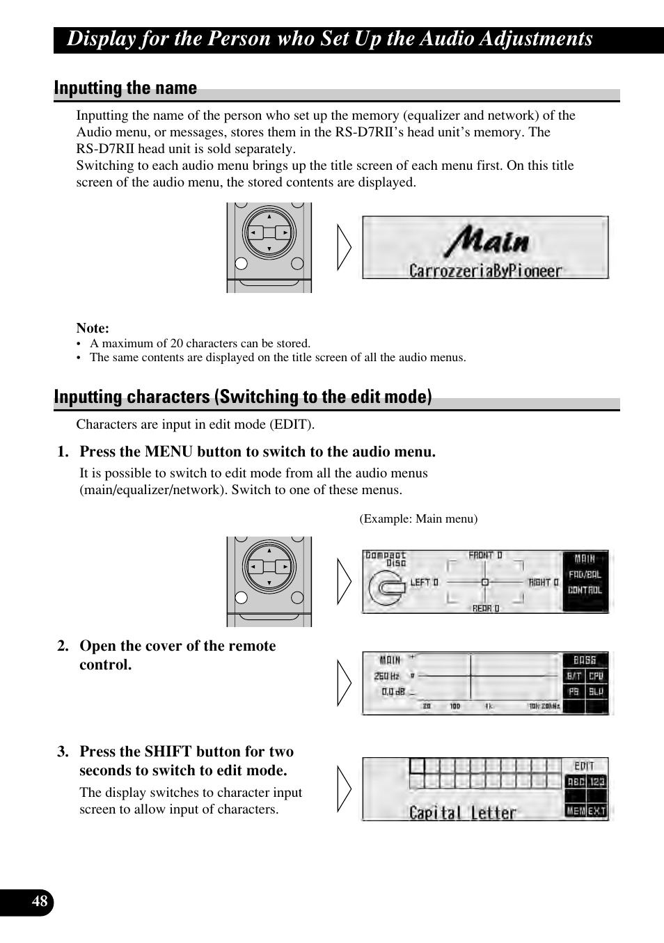 Display for the person who set up, The audio adjustments, Inputting the name inputting characters | Inputting the name, Inputting characters (switching to the edit mode) | Pioneer RS-P90 User Manual | Page 48 / 63