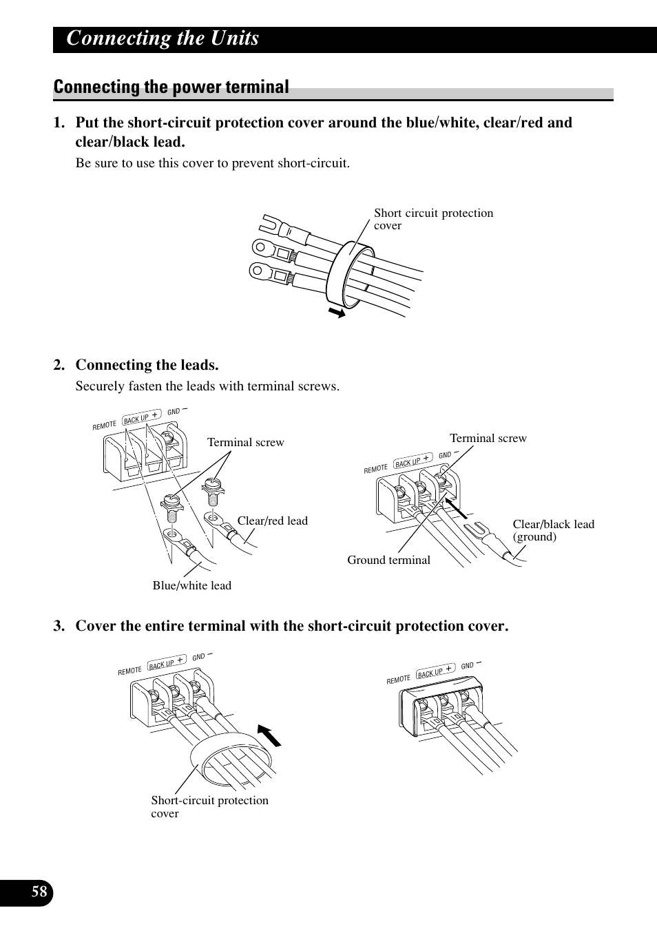 Connecting the power terminal, Connecting the units, Connecting the leads | Be sure to use this cover to prevent short-circuit, Securely fasten the leads with terminal screws | Pioneer RS-P90 User Manual | Page 58 / 63