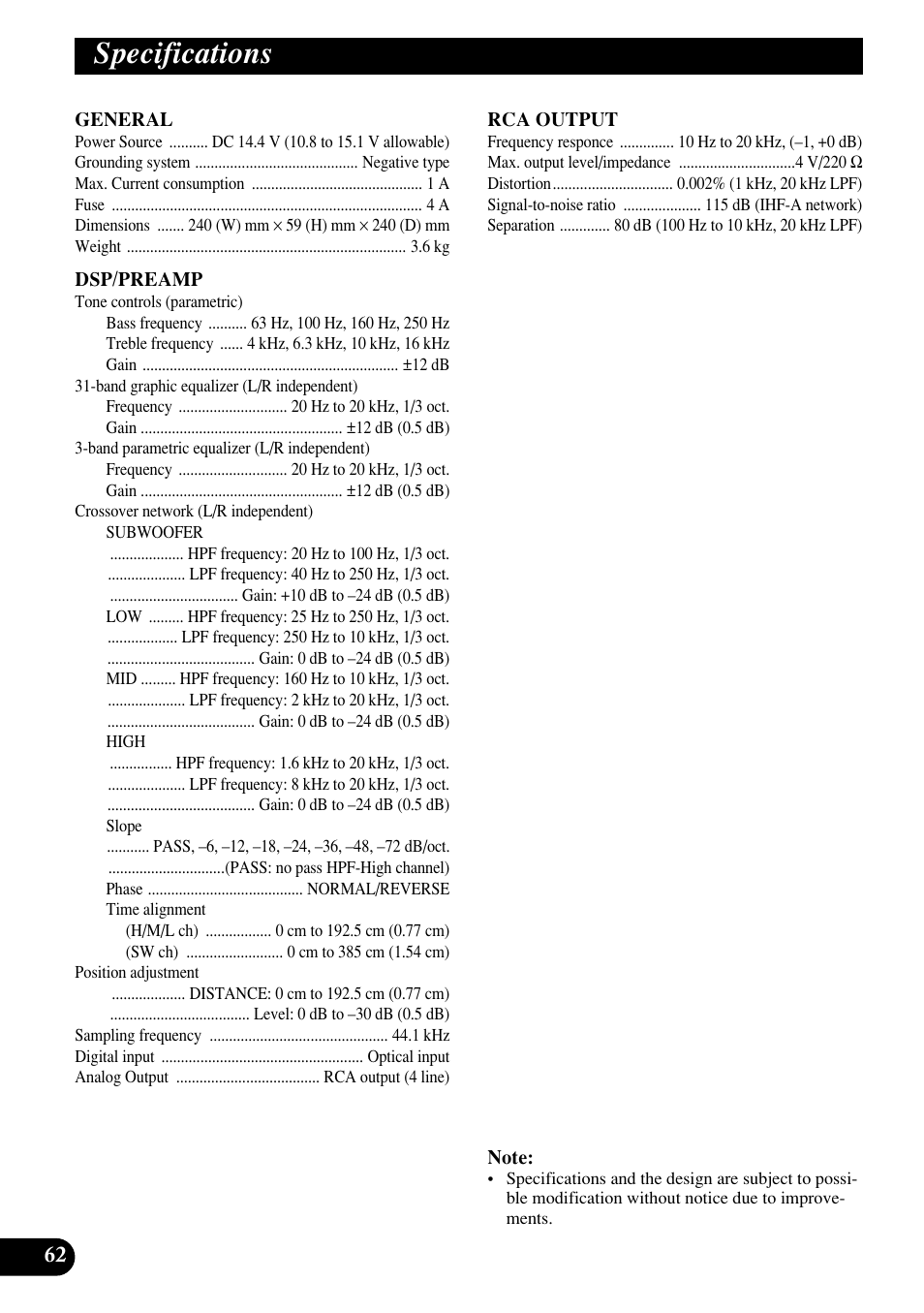 Specifications | Pioneer RS-P90 User Manual | Page 62 / 63