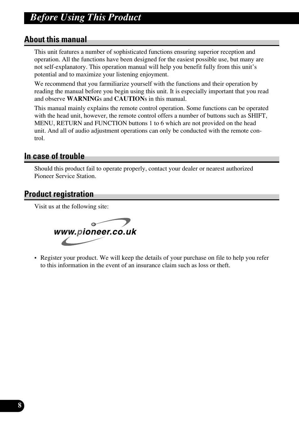 Before using this product, About this manual, Product registration | Pioneer RS-P90 User Manual | Page 8 / 63