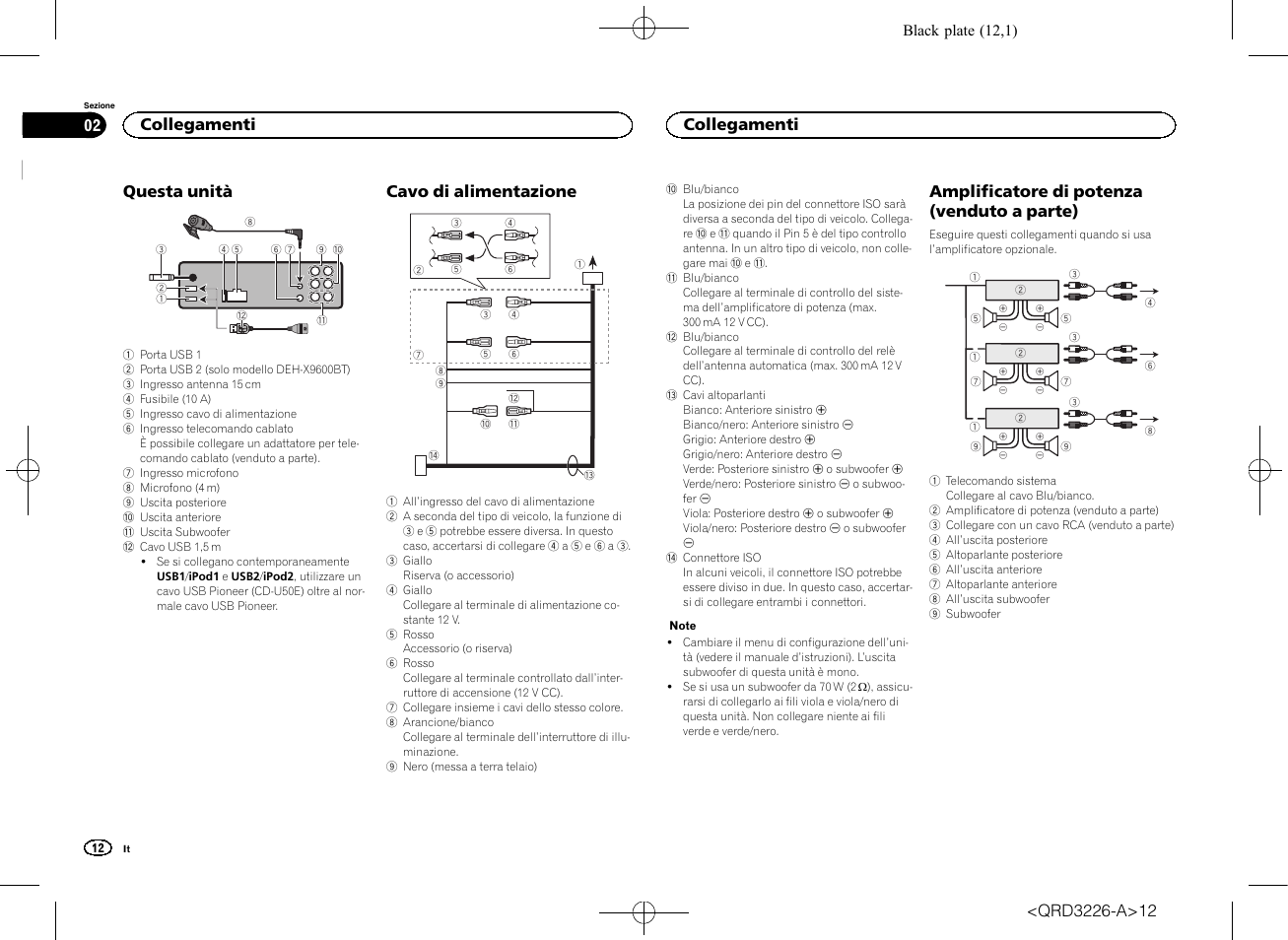 Questa unità, Cavo di alimentazione, Amplificatore di potenza (venduto a parte) | Collegamenti | Pioneer DEH-X8600BT User Manual | Page 12 / 32