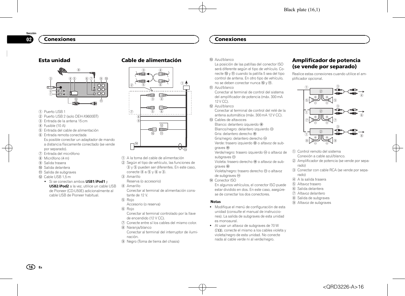 Esta unidad, Cable de alimentación, Amplificador de potencia (se vende por separado) | Conexiones | Pioneer DEH-X8600BT User Manual | Page 16 / 32