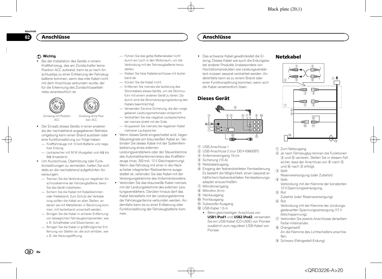 Dieses gerät, Netzkabel, Anschlüsse | Pioneer DEH-X8600BT User Manual | Page 20 / 32