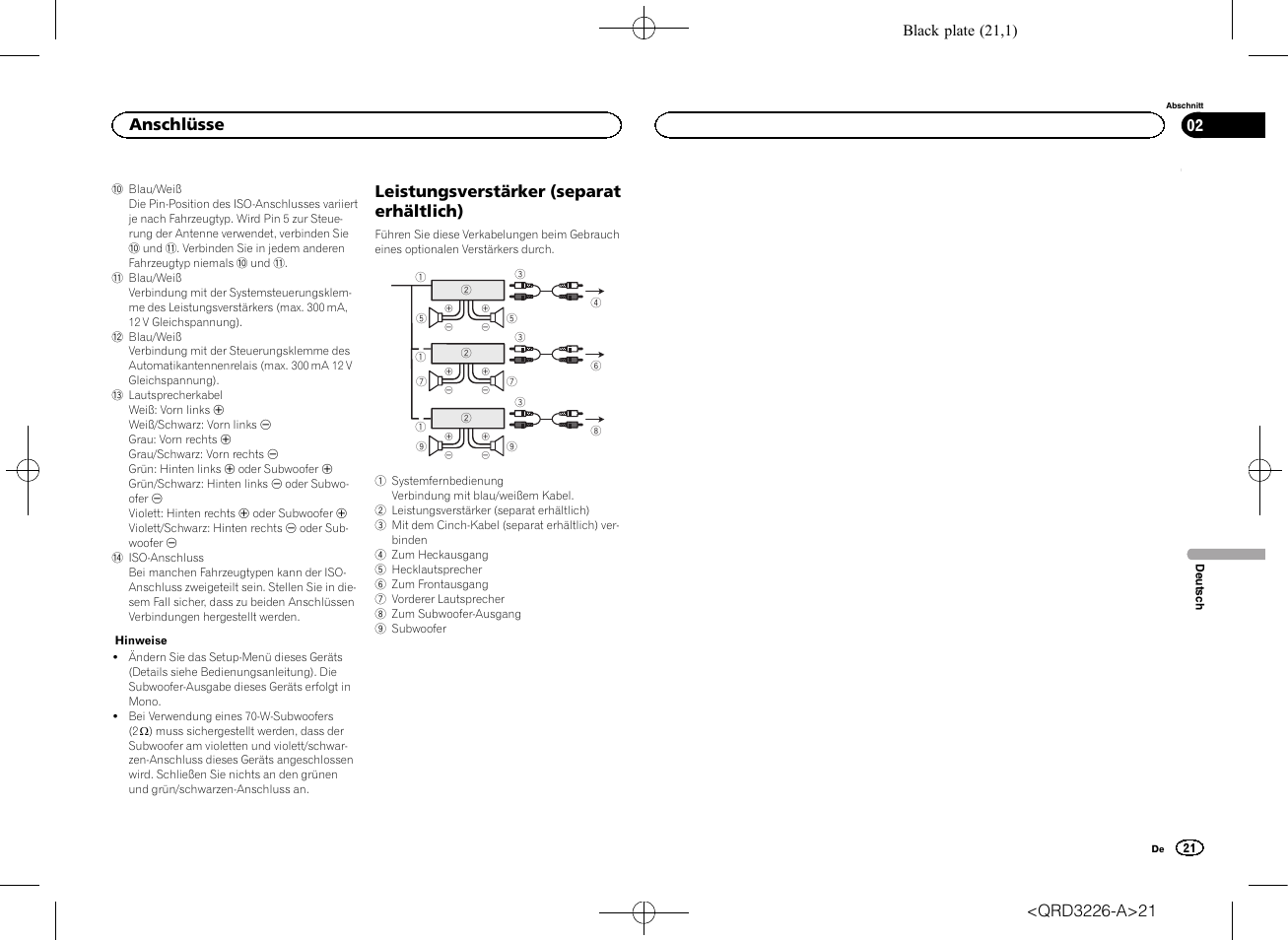 Leistungsverstärker (separat erhältlich), Anschlüsse | Pioneer DEH-X8600BT User Manual | Page 21 / 32