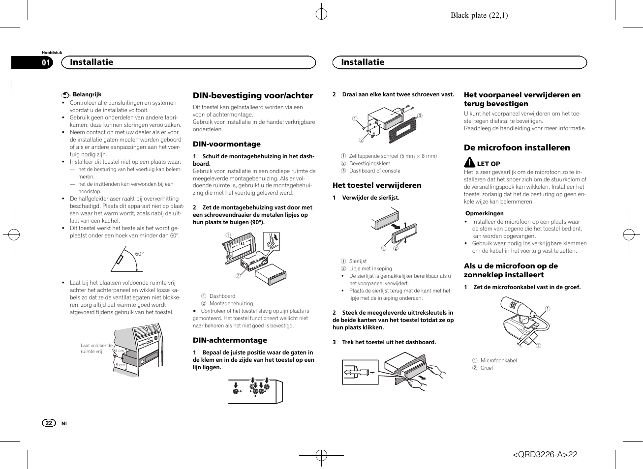 Installatiehandleiding, Cd rds-ontvanger, Din-bevestiging voor/achter | De microfoon installeren, Installatie | Pioneer DEH-X8600BT User Manual | Page 22 / 32
