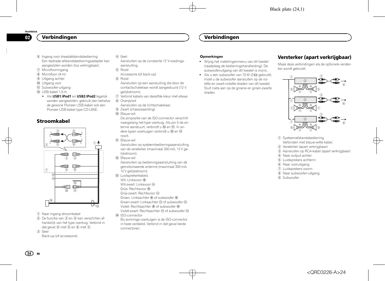 Stroomkabel, Versterker (apart verkrijgbaar), Verbindingen | Pioneer DEH-X8600BT User Manual | Page 24 / 32