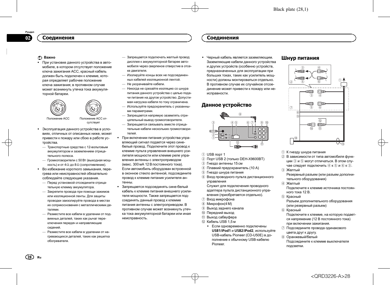 Данное устройство, Шнур питания, Соединения | Pioneer DEH-X8600BT User Manual | Page 28 / 32