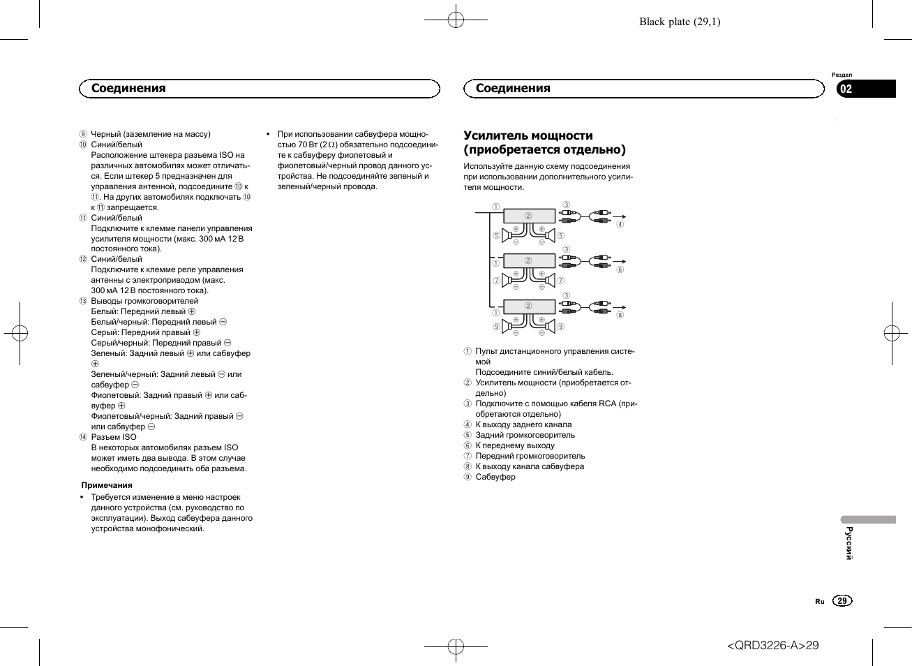 Усилитель мощности (приобретается отдельно), Соединения | Pioneer DEH-X8600BT User Manual | Page 29 / 32