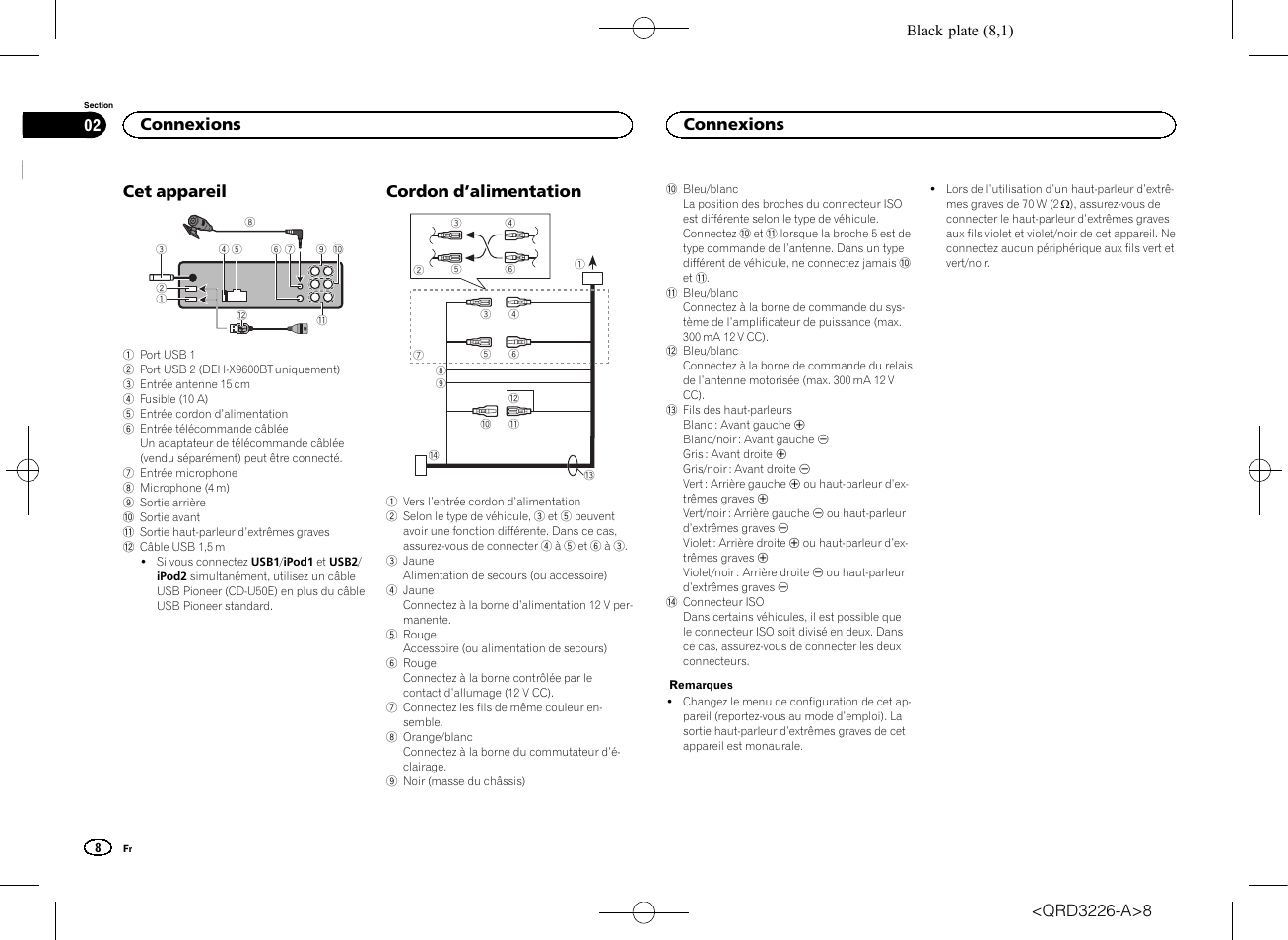 Cet appareil, Cordon d ’alimentation, Connexions | Pioneer DEH-X8600BT User Manual | Page 8 / 32