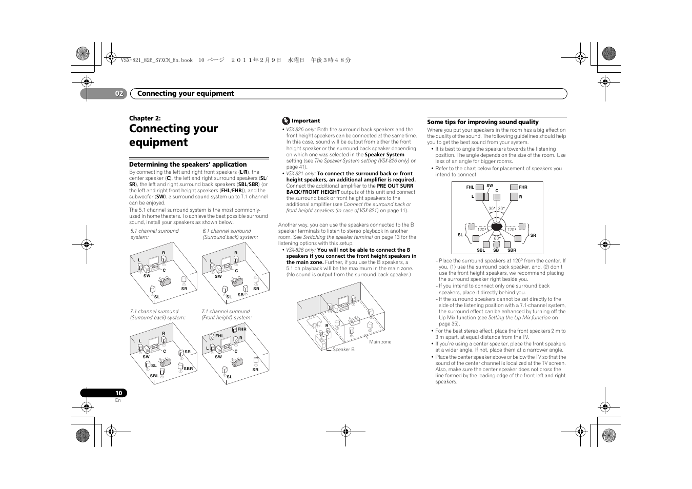 02 connecting your equipment, Determining the speakers’ application, Some tips for improving sound quality | Connecting your equipment, Connecting your equipment 02 | Pioneer VSX-821 User Manual | Page 10 / 56