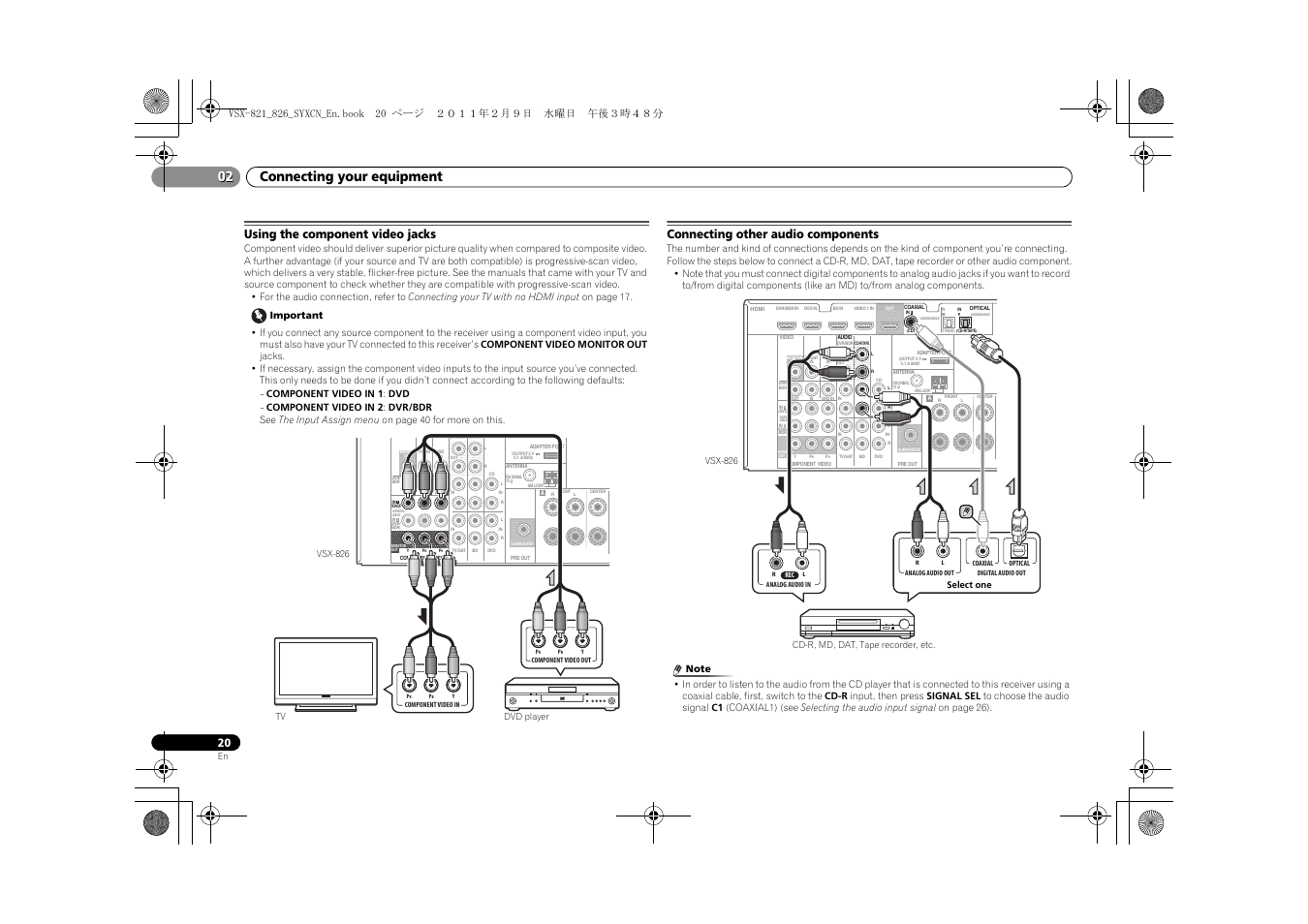Using the component video jacks, Connecting other audio components, Connecting your equipment 02 | Pioneer VSX-821 User Manual | Page 20 / 56