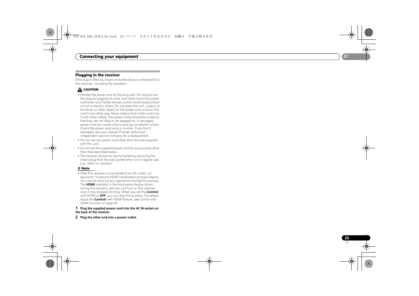 Plugging in the receiver | Pioneer VSX-821 User Manual | Page 23 / 56