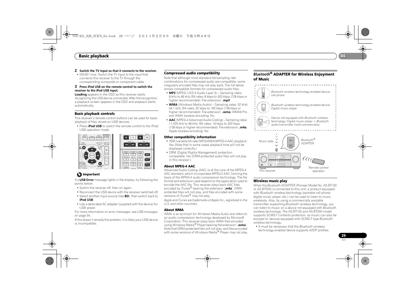 Basic playback controls, Compressed audio compatibility, Bluetooth | Adapter for wireless enjoyment of music, Wireless music play, Basic playback | Pioneer VSX-821 User Manual | Page 29 / 56