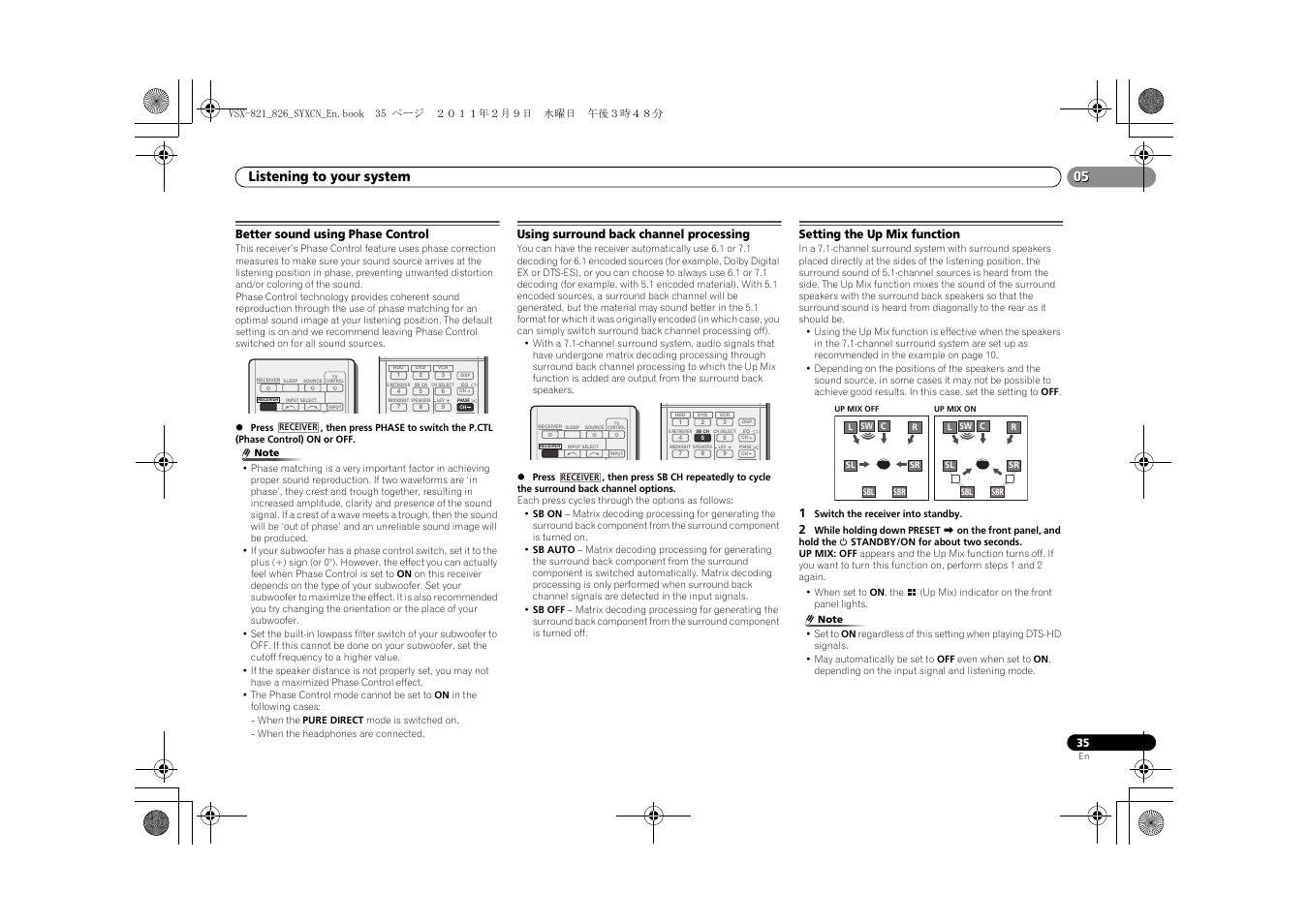 Better sound using phase control, Using surround back channel processing, Setting the up mix function | Listening to your system | Pioneer VSX-821 User Manual | Page 35 / 56