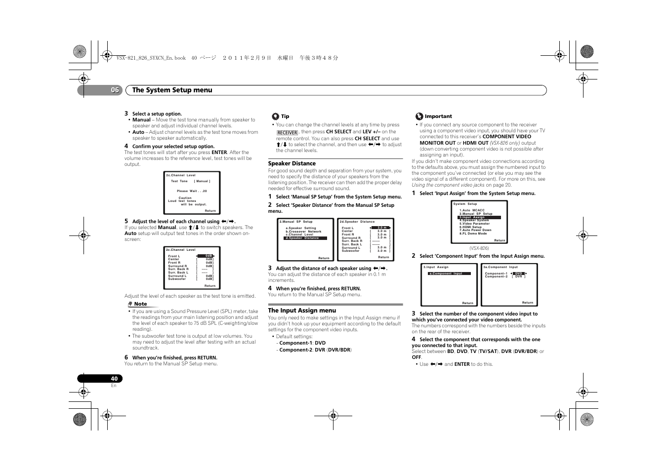 Speaker distance, The input assign menu, The system setup menu 06 | Pioneer VSX-821 User Manual | Page 40 / 56