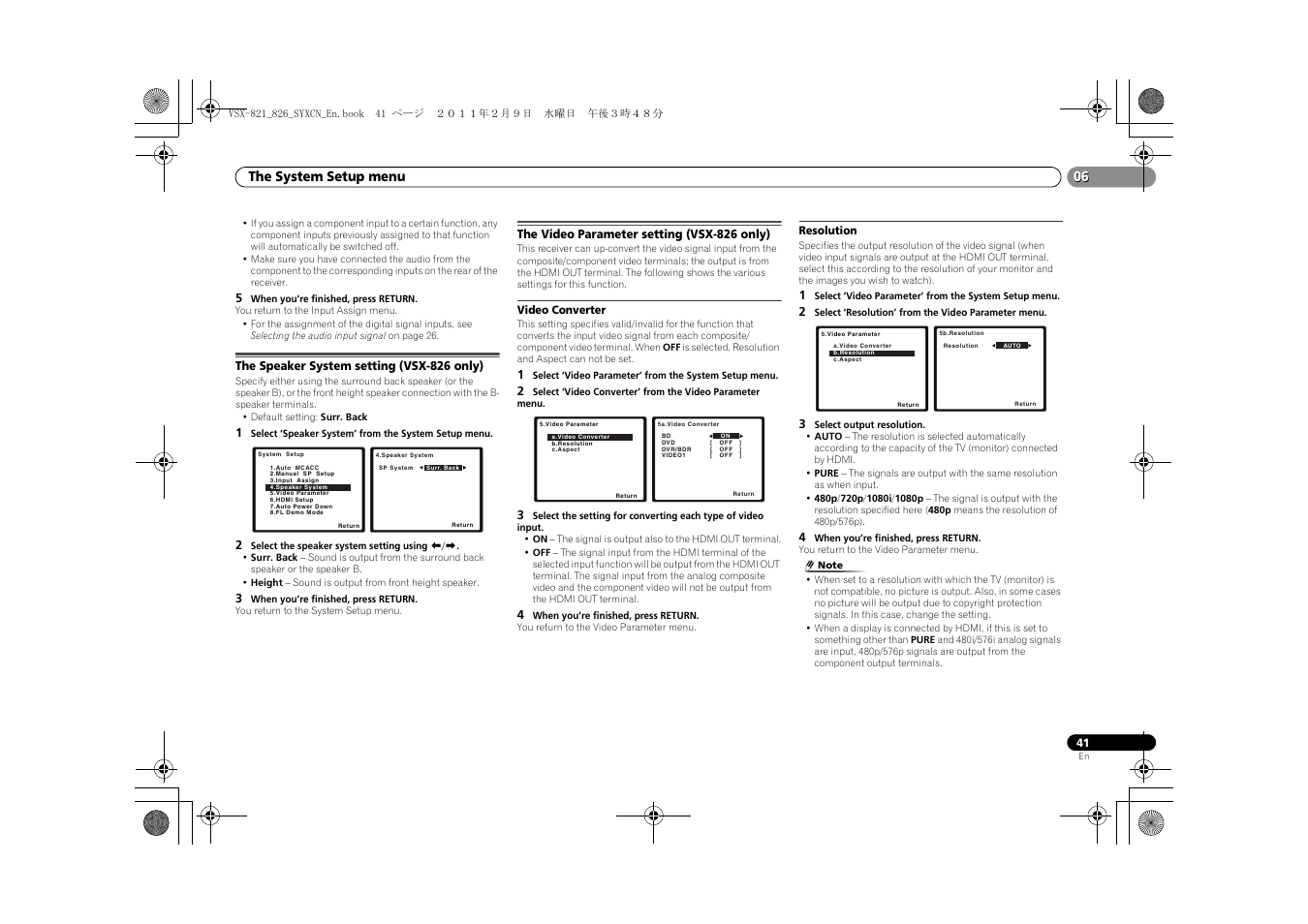 The speaker system setting (vsx-826 only), The video parameter setting (vsx-826 only), Video converter | Resolution, The system setup menu | Pioneer VSX-821 User Manual | Page 41 / 56
