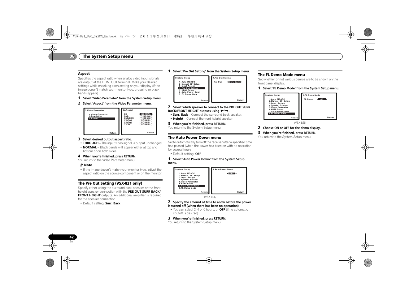 Aspect, The pre out setting (vsx-821 only), The auto power down menu | The fl demo mode menu, The system setup menu 06 | Pioneer VSX-821 User Manual | Page 42 / 56