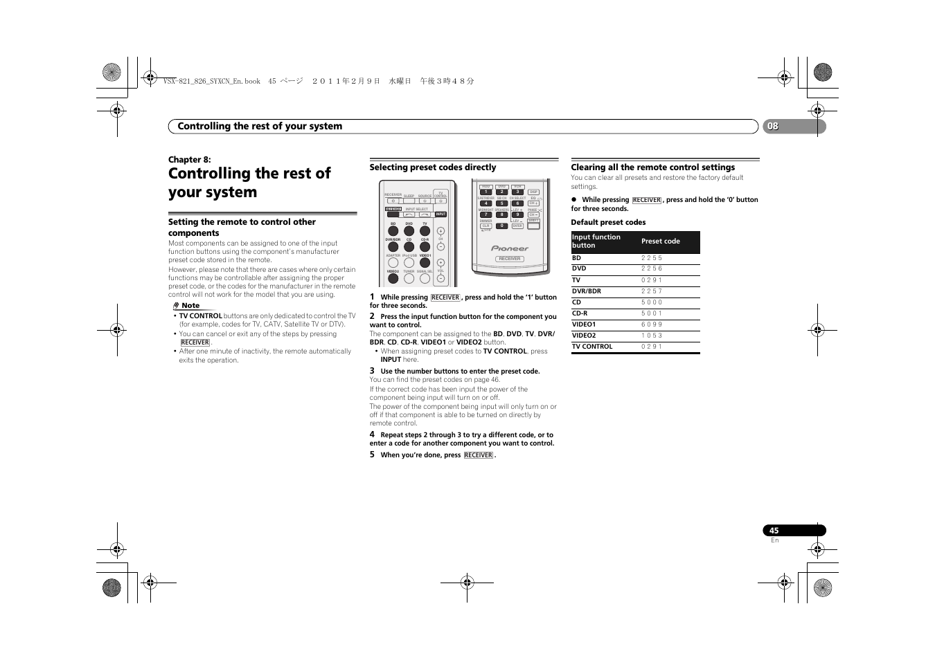 08 controlling the rest of your system, Setting the remote to control other components, Selecting preset codes directly | Clearing all the remote control settings, Controlling the rest of your system, Chapter 8, Selecting preset codes directly 1 | Pioneer VSX-821 User Manual | Page 45 / 56