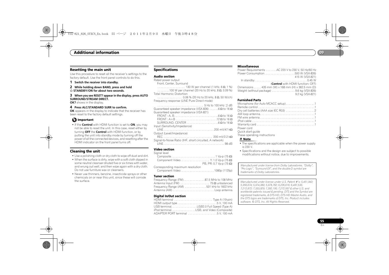 Resetting the main unit, Cleaning the unit, Specifications | Pioneer VSX-821 User Manual | Page 55 / 56