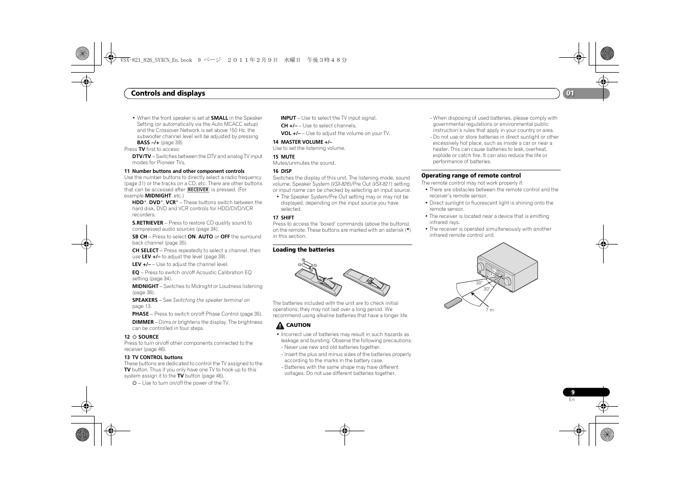Loading the batteries, Operating range of remote control | Pioneer VSX-821 User Manual | Page 9 / 56