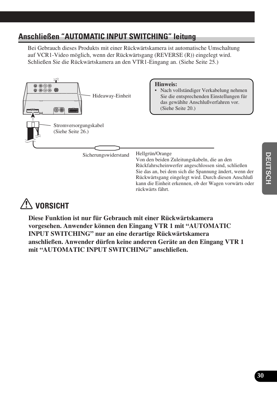 Anschließen “automatic input, Switching” leitung, Anschließen “automatic input switching” leitung | Vorsicht | Pioneer AVD-W6000 User Manual | Page 103 / 112