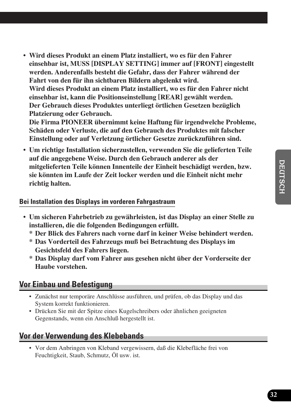 Vor einbau und befestigung, Vor der verwendung des klebebands | Pioneer AVD-W6000 User Manual | Page 105 / 112