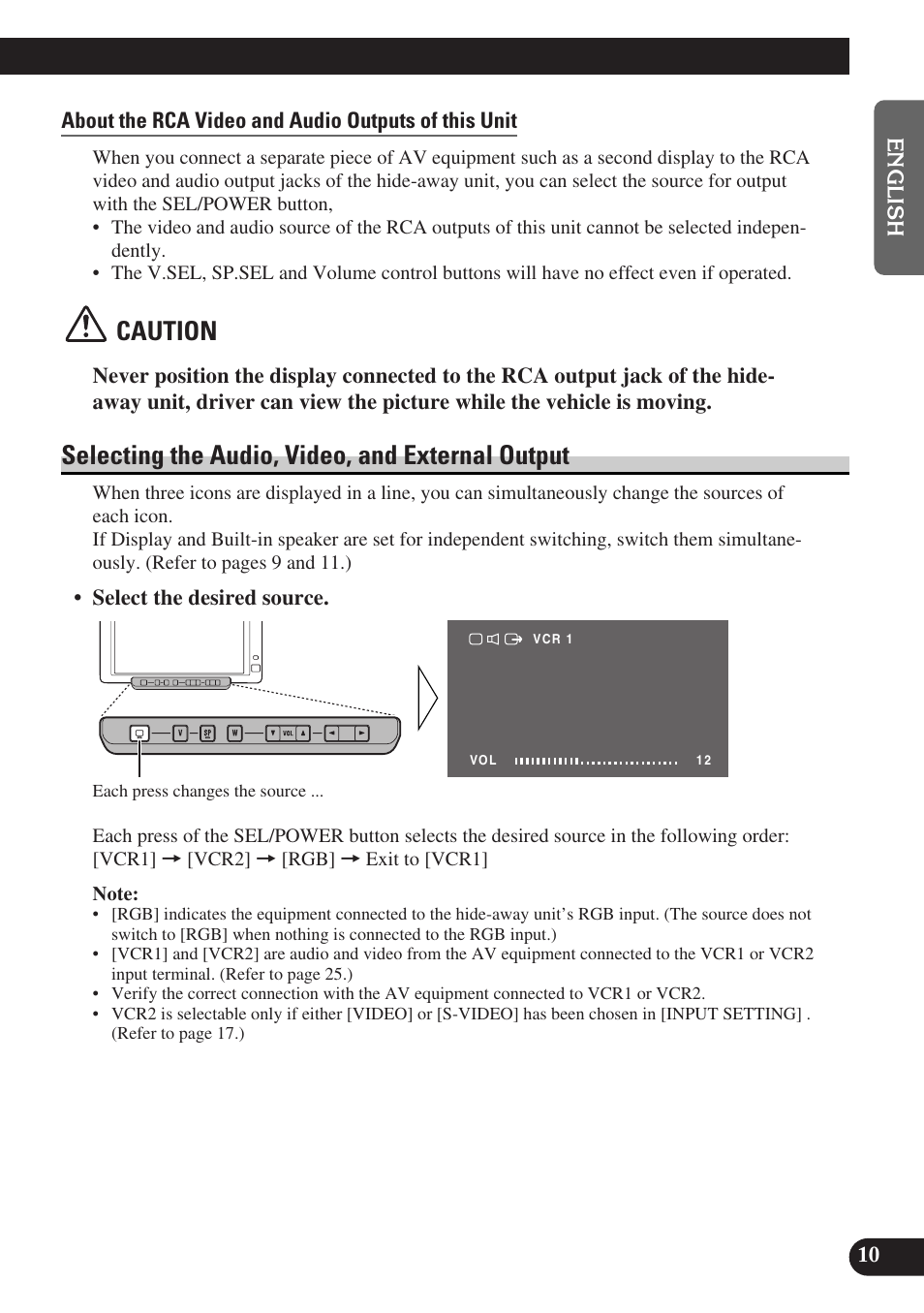 About the rca video and audio outputs of this unit, Selecting the audio, video, and external, Output | Caution, Selecting the audio, video, and external output | Pioneer AVD-W6000 User Manual | Page 11 / 112