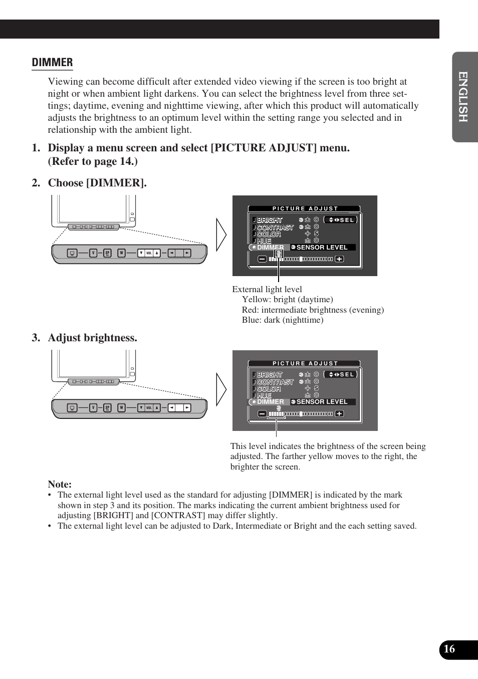 Dimmer, Adjust brightness | Pioneer AVD-W6000 User Manual | Page 17 / 112