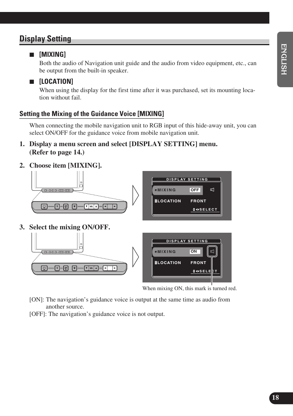 Display setting, Setting the mixing of the guidance voice [mixing, 7 [mixing | 7 [location | Pioneer AVD-W6000 User Manual | Page 19 / 112