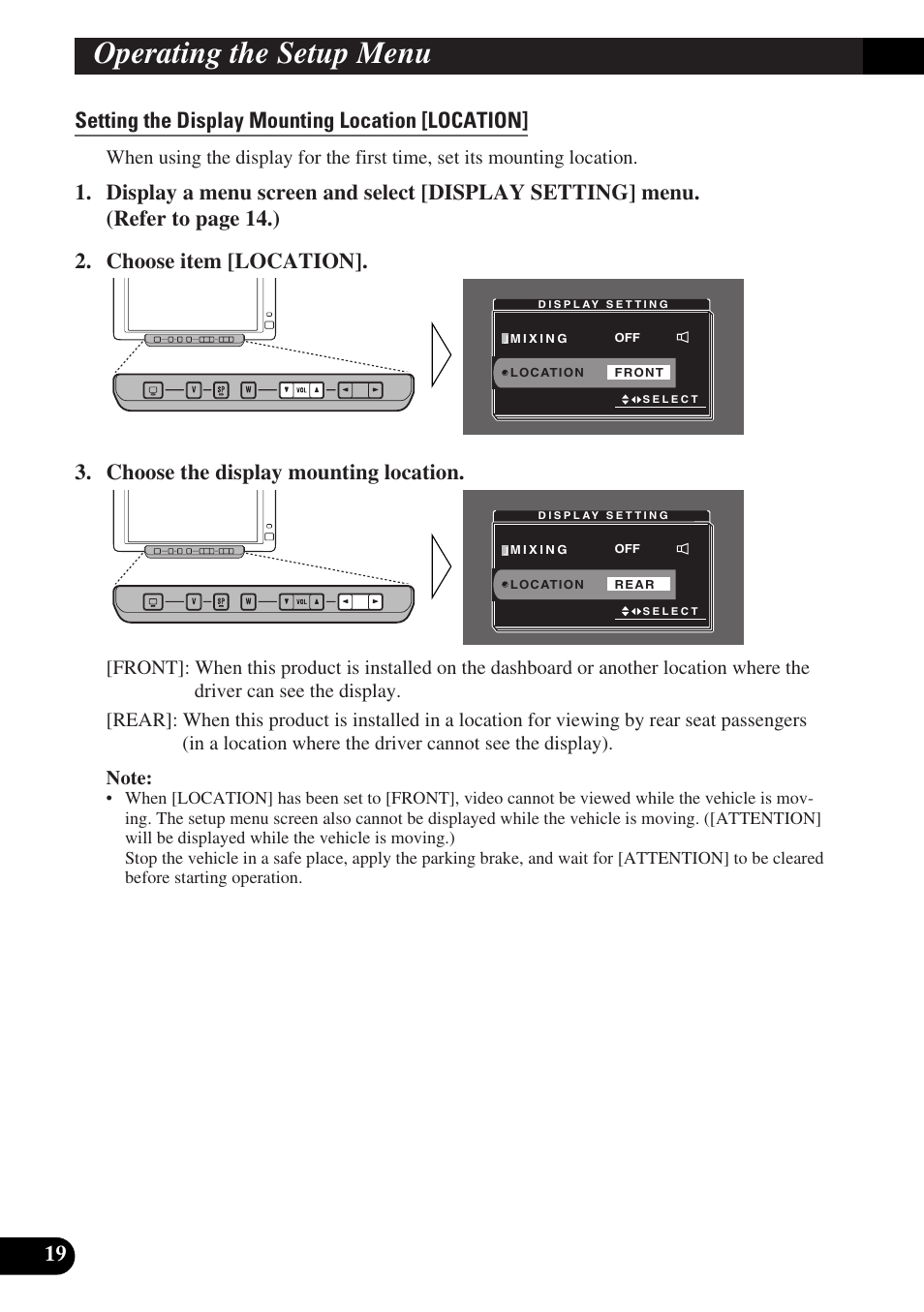 Setting the display mounting location [location, Operating the setup menu | Pioneer AVD-W6000 User Manual | Page 20 / 112