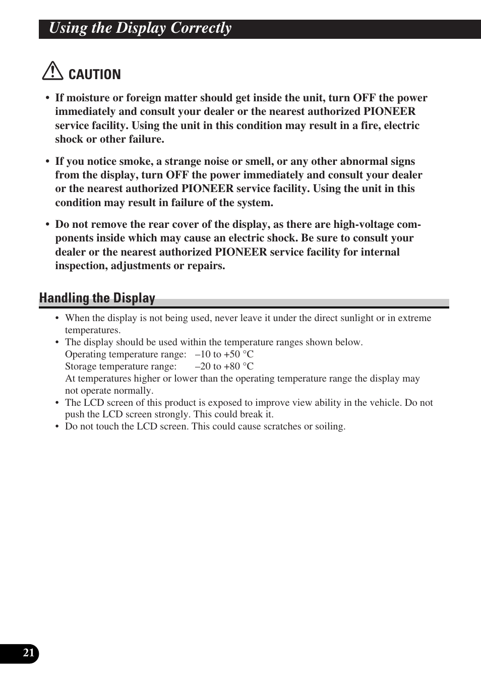 Using the display correctly, Handling the display, Caution | Pioneer AVD-W6000 User Manual | Page 22 / 112